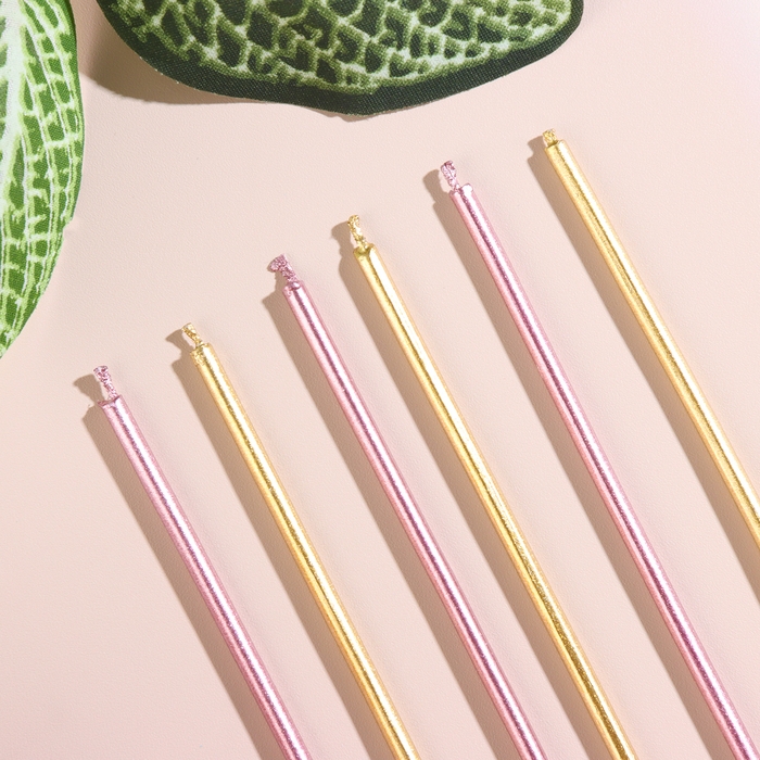 Набор свечей в торт, 6 штук Набор свечей в торт, 6 штук "Happy", 17 см, золотой с розовым