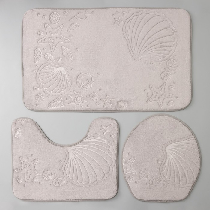 Набор ковриков для ванной и туалета Доляна «Морское дно», 3 шт: 50×80, 50×40, 38×43 см, цвет серый Набор ковриков для ванной и туалета Доляна «Морское дно», 3 шт: 50×80, 50×40, 38×43 см, цвет серый