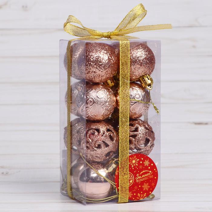 Набор шаров пластик d- 4 см, 16 шт Набор шаров пластик d- 4 см, 16 шт "Торжество узоры" золото