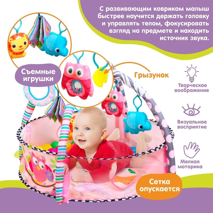 Развивающий коврик «Совушка», бортик, с дугами, подушка, 30 цв. шаров, р - р 90х55х0,5 см. Развивающий коврик «Совушка», бортик, с дугами, подушка, 30 цв. шаров, р - р 90х55х0,5 см.