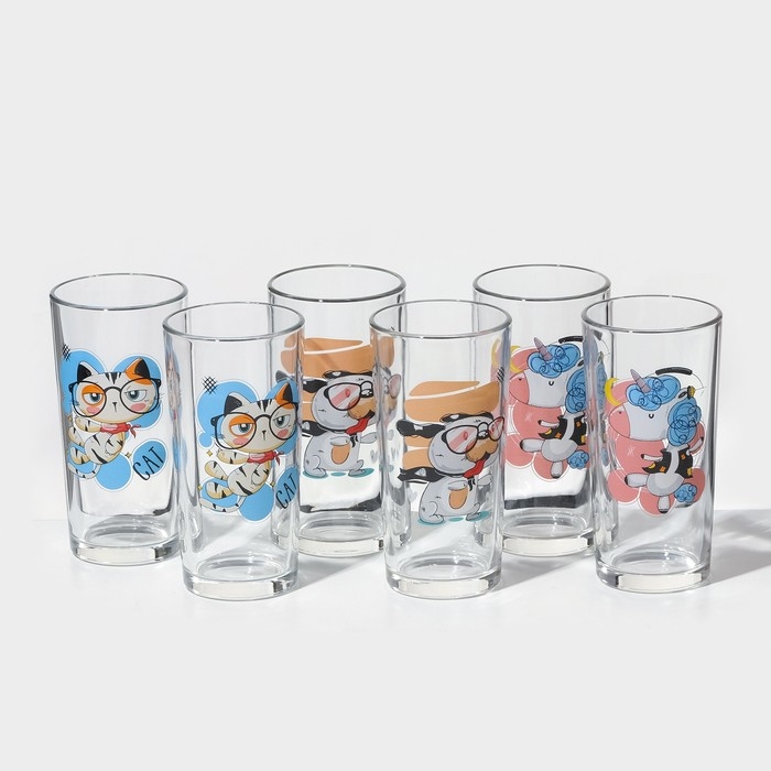 Набор стаканов «Верные друзья», стеклянный, 230 мл, 6 шт, рисунок микс Набор стаканов «Верные друзья», стеклянный, 230 мл, 6 шт, рисунок микс