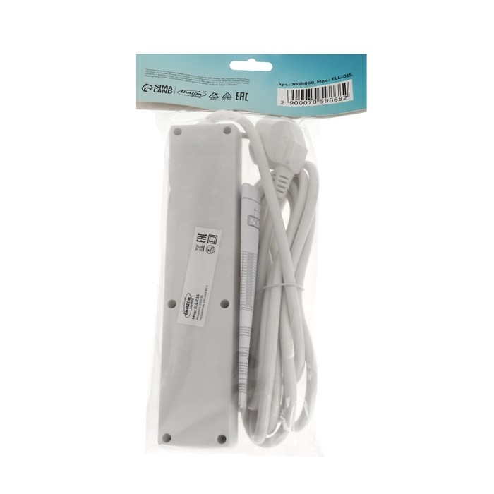 Удлинитель Luazon Lighting, 4 розетки, 3м, 6А,1300 Вт, ПВС 3х0.75 мм2, с з/к, с выкл., Б Удлинитель Luazon Lighting, 4 розетки, 3м, 6А,1300 Вт, ПВС 3х0.75 мм2, с з/к, с выкл., Б