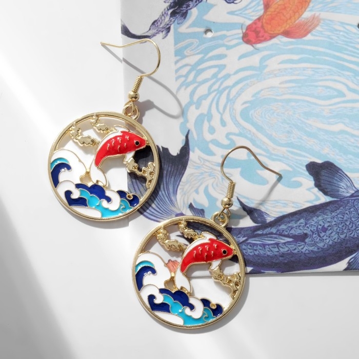 Серьги ассорти «Япония» рыбка над водой, цветные в золоте Серьги ассорти «Япония» рыбка над водой, цветные в золоте