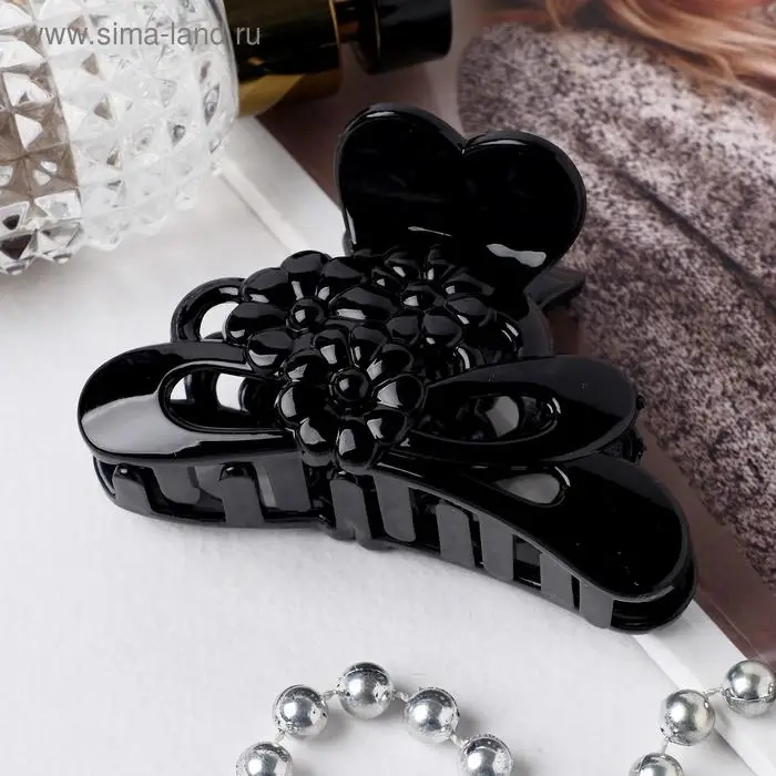 Краб для волос Краб для волос "Глянец" цветочки сердце, 8 см, чёрный