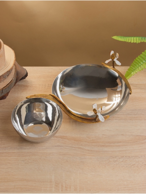 Менажница «Лилия», 2 чаши, 36×21×11.5 см, нержавеющая сталь, латунь