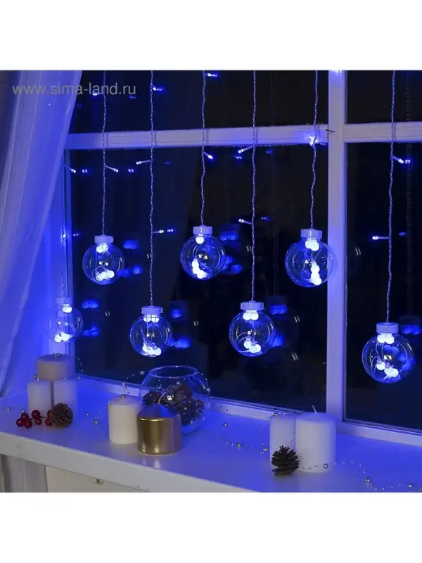 Гирлянда &laquo;Бахрома&raquo; 2.4&times;0.7 м с насадками &laquo;Шарики&raquo;, IP20, прозрачная нить, 108 LED, свечение синее, 8 режимов, 220 В