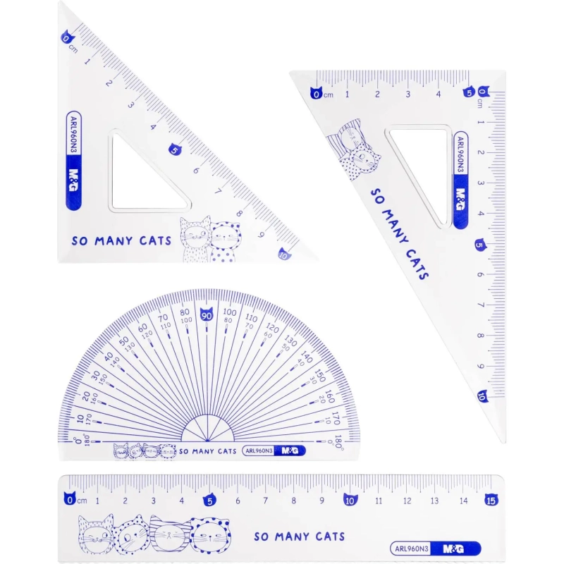 Набор чертежный M&G So Many Cats (линейка, транспортир, 2 треугольн), в асс