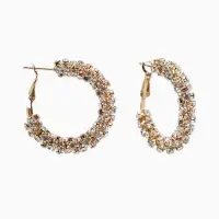 Серьги-кольца со стразами &laquo;Россыпь&raquo; d=3.5 см, белые в золоте