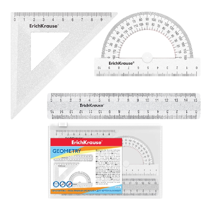 Набор чертёжный ErichKrause Clear Glitter, малый (линейка, угольник, транспортир), прозрачный с блёстками, zip-пакет Набор чертёжный ErichKrause Clear Glitter, малый (линейка, угольник, транспортир), прозрачный с блёстками, zip-пакет