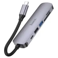 Адаптер Hoco HB28, HDMI/USB3.0/USB2.0/SD/TF/PD, 60 Вт, 3 А, 13.5 см, серый