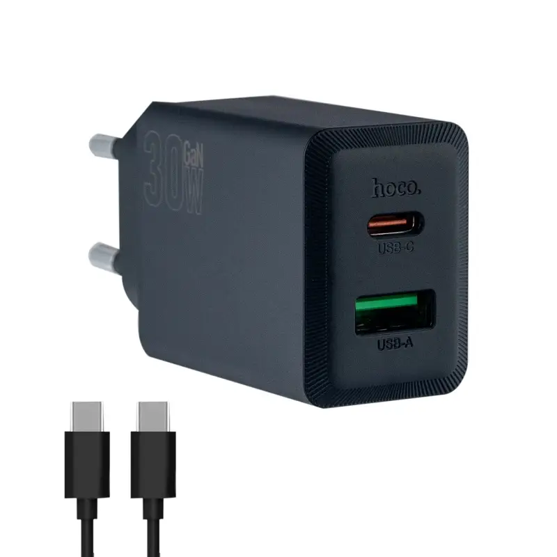Сетевое зарядное устройство с кабелем Type-C на Type-C PD30W + USB QC3.0 N71 HOCO черное