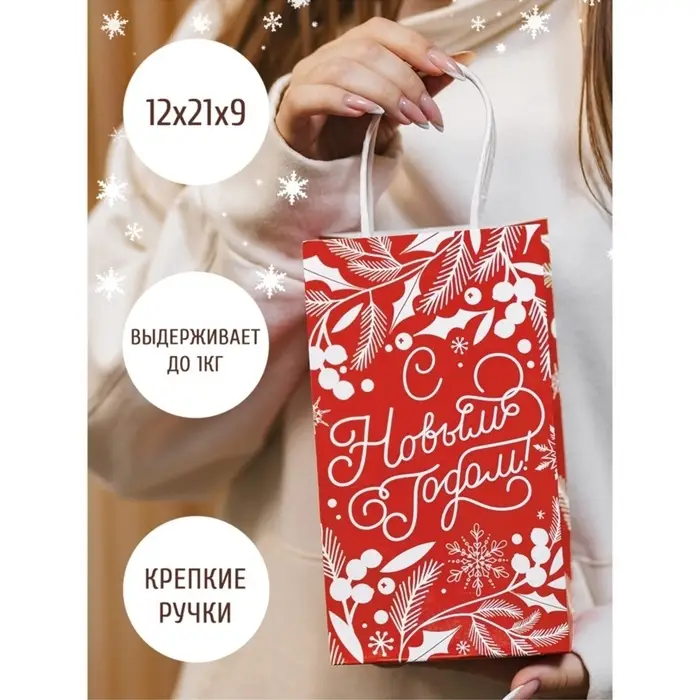 Пакет подарочный новогодний крафтовый &laquo;С Новым годом!&raquo;, 12&times;21&times;9 см