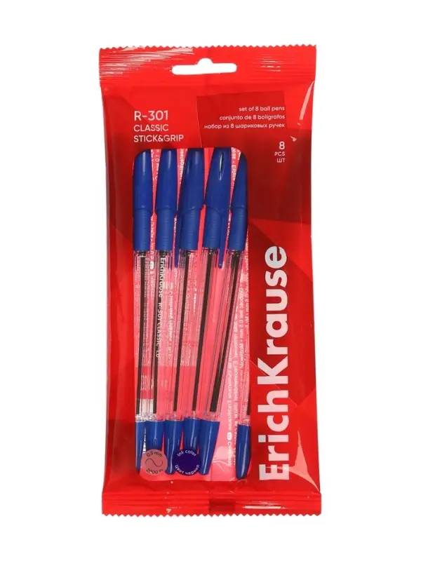 Набор ручек шариковых ErichKrause R=301 Stick Grip, 8 штук, узел 1 мм, синие чернила
