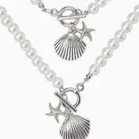 Набор 2 пред-та: бусы.браслет "Жемчуг", ракушка вонголе, цвет белый в серебре L=18/42см №8   1093654