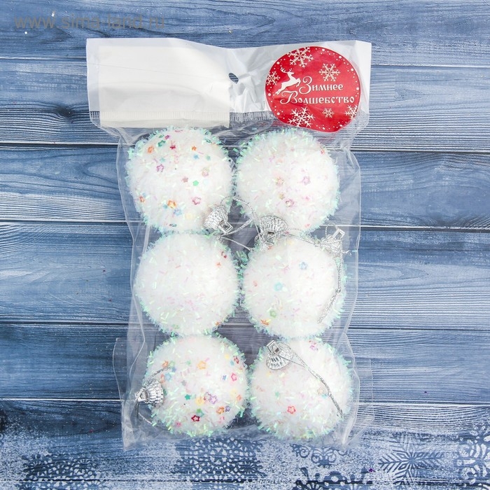 Набор шаров пластик d-5 см, 6 шт Набор шаров пластик d-5 см, 6 шт "Пушистый блеск" белый