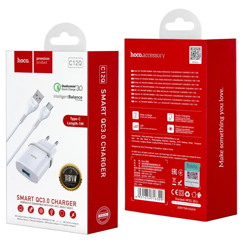 СЗУ C12Q USB на Type-C 18W HOCO белое СЗУ C12Q USB на Type-C 18W HOCO белое