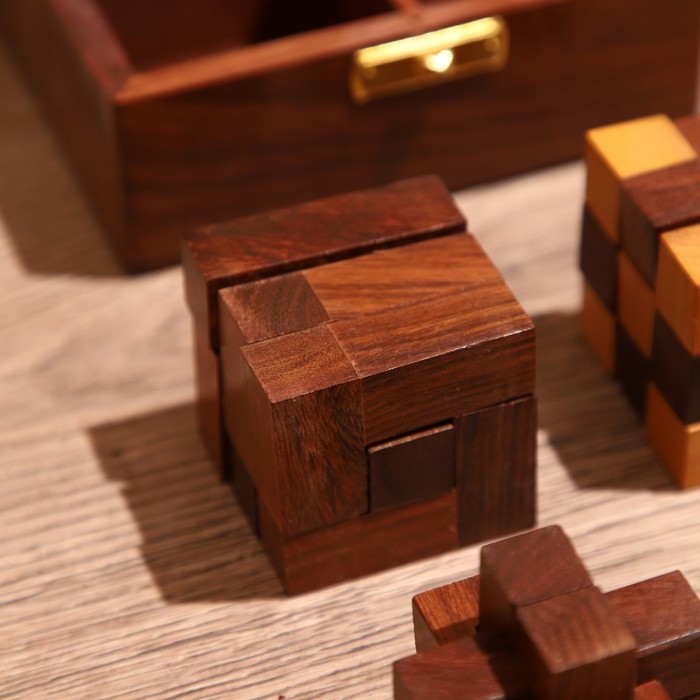 Головоломки в шкатулке (набор 4 шт) 12х13х6 см, дерево шишам Головоломки в шкатулке (набор 4 шт) 12х13х6 см, дерево шишам