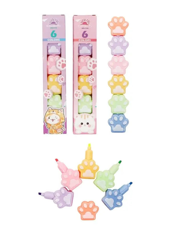 Набор маркеров-текстовыделителей &laquo;Лапки&raquo;, 6 цветов, скошенный наконечник, узел 4 мм