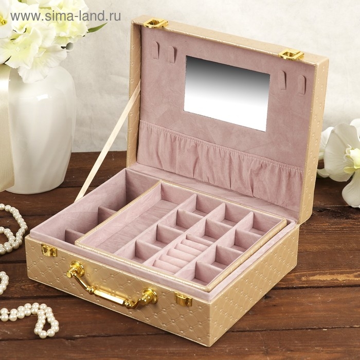 Шкатулка кожзам для украшений  Шкатулка кожзам для украшений "Стёганная" золото 8,5х23,5х19 см
