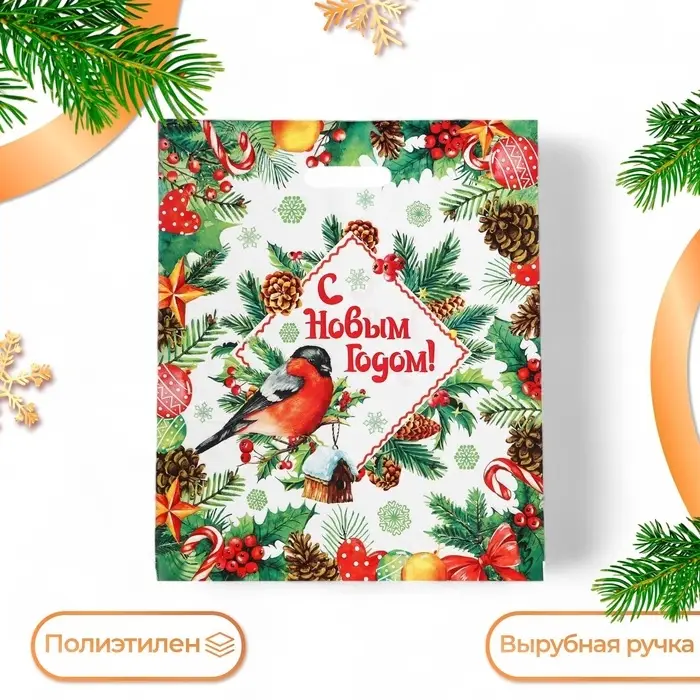 Пакет Пакет "Снегирь", полиэтиленовый с вырубной ручкой, 47х40 см.
