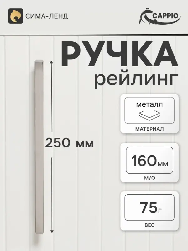 Ручка-рейлинг квадрат CAPPIO, м/о 160 мм, L=250 мм, нержавеющая сталь