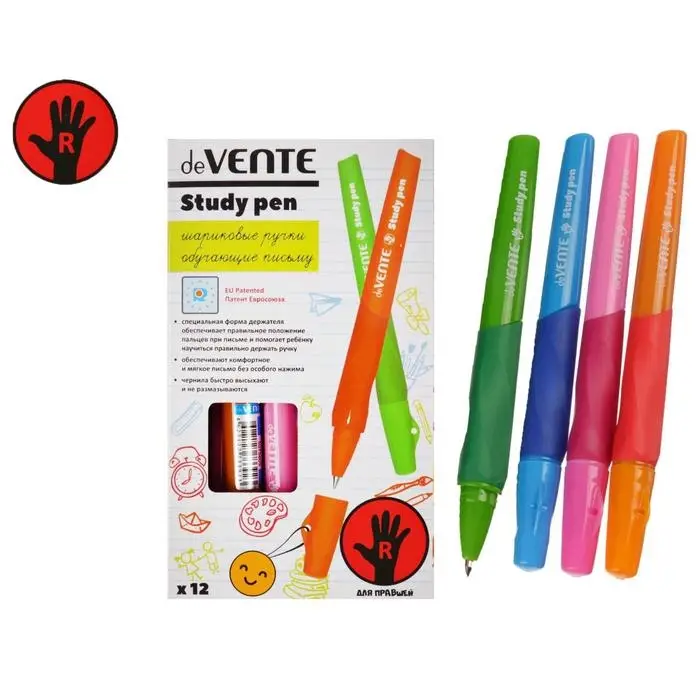 Ручка обучающая для правши deVENTE Study Pen, узел 0.7 мм, каучуковый держатель, чернила синие на масляной основе Ручка обучающая для правши deVENTE Study Pen, узел 0.7 мм, каучуковый держатель, чернила синие на масляной основе