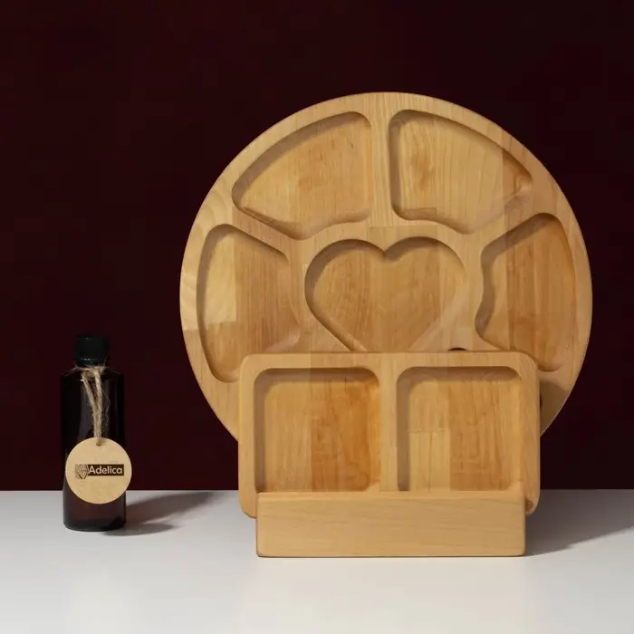 Набор менажниц Adelica, 6 секций, 2 секции, подставка, масло в подарок, дерево берёза, бежевый