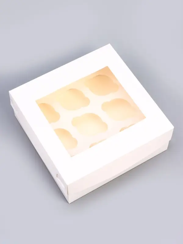 Коробка на 9 капкейков с окном, белая, 25&times;25&times;10 см