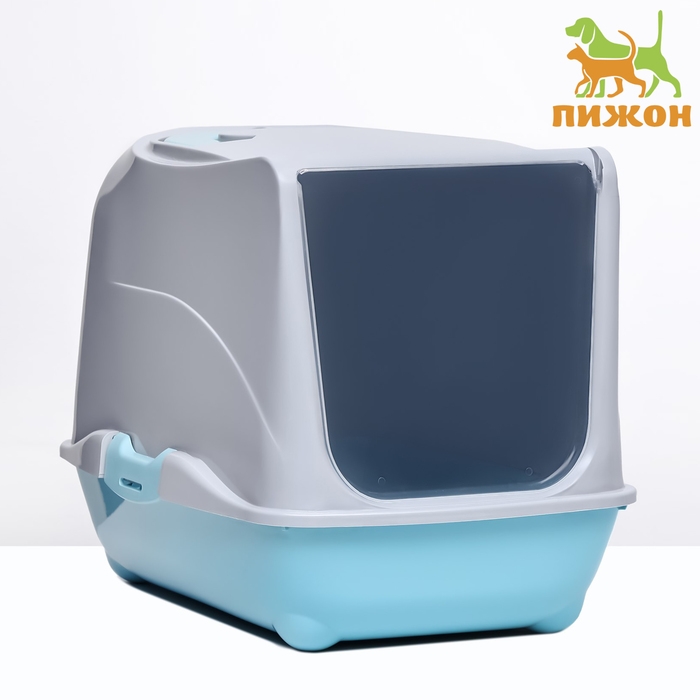 Туалет-домик для кошек закрытый с дверцей 43*32*33 см, бирюзово-серый Туалет-домик для кошек закрытый с дверцей 43*32*33 см, бирюзово-серый