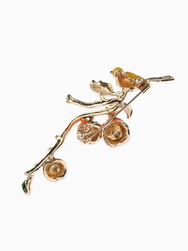 Брошь &laquo;Птица на ветке&raquo; хурма, цвет оранжевый в золоте