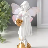 Сувенир полистоун "Девочка-бабочка с золотыми цветами в корзинке" белый 5х6,5х17,2 см