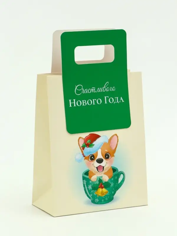 Пакет подарочный с вырубной ручкой «Корги» 18×23×9 см, зеленый Пакет подарочный с вырубной ручкой «Корги» 18×23×9 см, зеленый