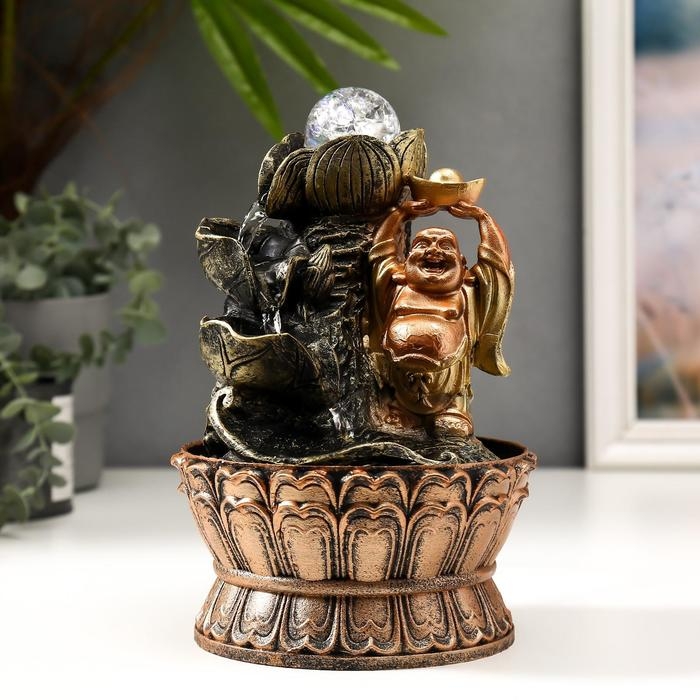 Фонтан настольный от сети, подсветка Фонтан настольный от сети, подсветка "Хотей со слитком золота у фонтана" 22,5х15х15 см