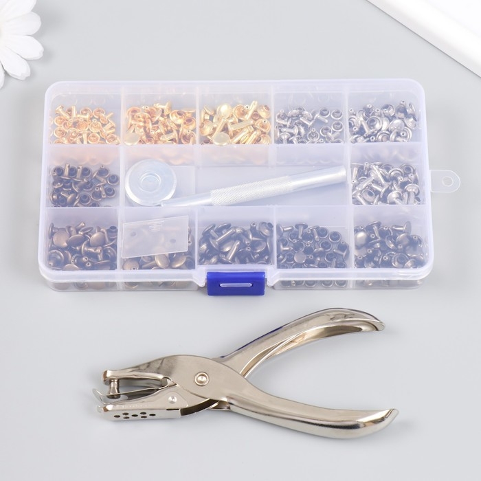 Заклёпочник с набором заклёпок 180 шт 12 видов (8х12 мм; 8х8 мм; 6х6 мм) 17,2х9,5х2,3 см Заклёпочник с набором заклёпок 180 шт 12 видов (8х12 мм; 8х8 мм; 6х6 мм) 17,2х9,5х2,3 см