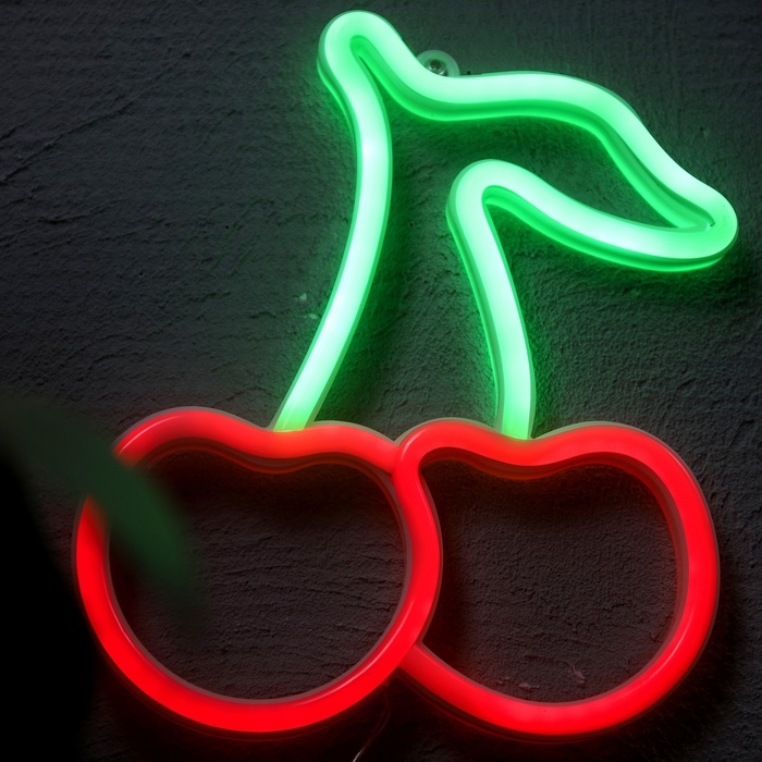Неоновая вывеска «Вишенка» 19.2 x 22.6 см, батарейки AAx3 (нет в комплекте) + USB, свечение красно-зеленое