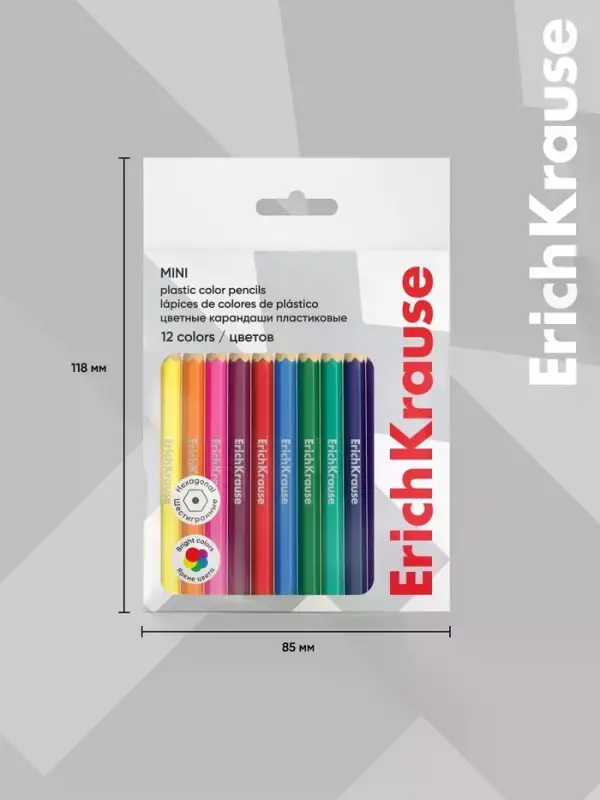 Карандаши- мини 12 цветов ErichKrause, пластиковые, шестигранные, с европодвесом