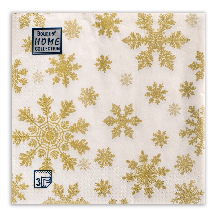 Новогодние салфетки бумажные Home Classic «Золотые снежинки», 3 слоя, 33x33 см, 20 шт