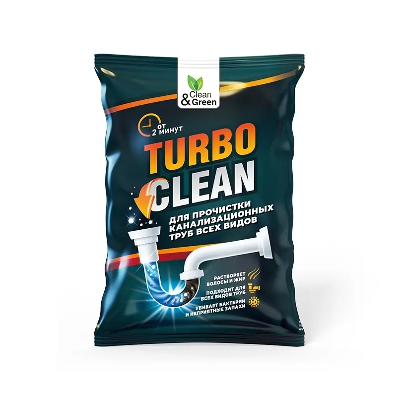 Средство для прочистки канализационных труб (щелочное, пакет) 70 г Clean&Green CG8083