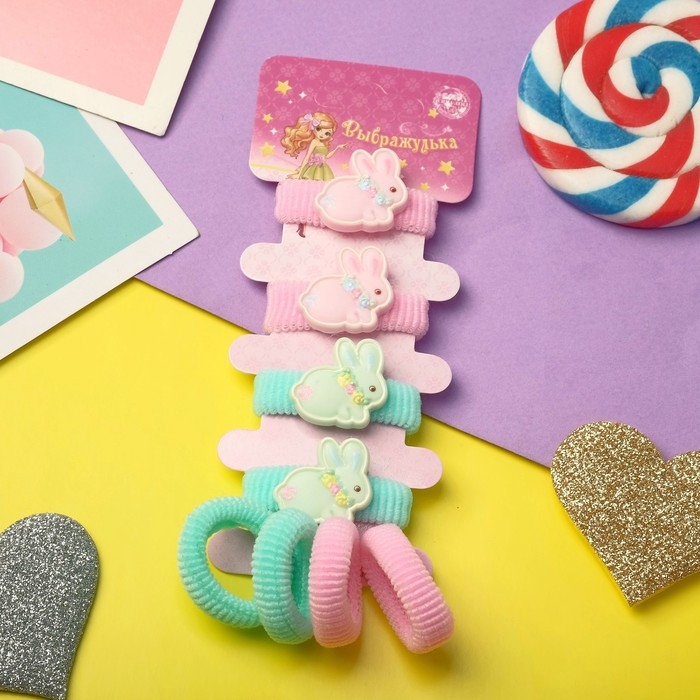 Резинка для волос "Кокетка" набор 8 шт зайка розовый,зеленый