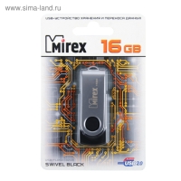 Флешка Mirex SWIVEL BLACK, 16 Гб, USB2.0, чт до 25 Мб/с, зап до 15 Мб/с, черная