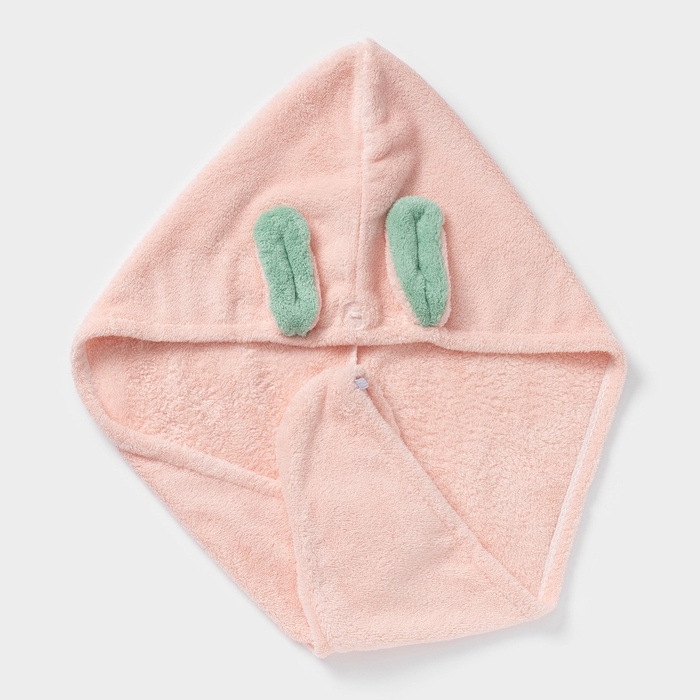 Чалма для сушки волос Доляна «Ушки», микрофибра, с пуговкой, цвет розовый