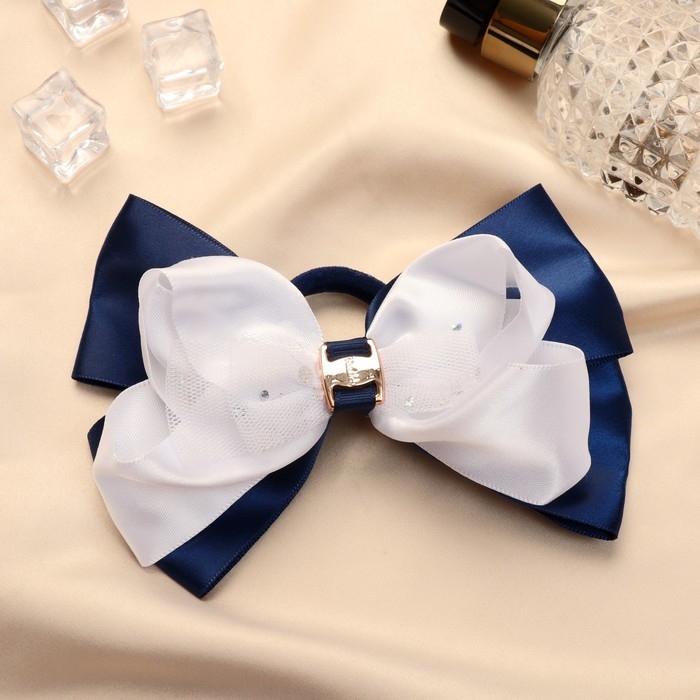 Резинка для волос Резинка для волос "Школьница" бант пряжка и кружева, 12 см, бело-синий