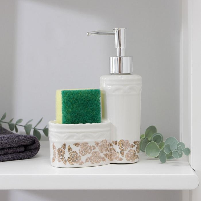 Дозатор для моющего средства с подставкой для губки Доляна «Роза золотая», 200 мл Дозатор для моющего средства с подставкой для губки Доляна «Роза золотая», 200 мл