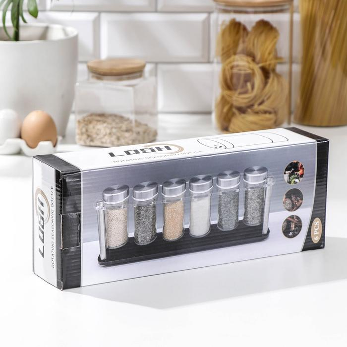 Набор для специй из стекла на подставке «Хай-тек», 90 мл, 33×6,7×10,5 см, 4×9,5 см, 6 шт Набор для специй из стекла на подставке «Хай-тек», 90 мл, 33×6,7×10,5 см, 4×9,5 см, 6 шт