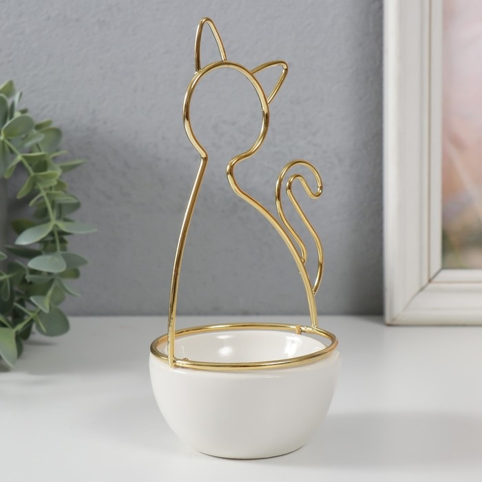 Сувенир керамика, металл подставка Сувенир керамика, металл подставка "Кошка" белая с золотом 9,8х8,3х17,7 см