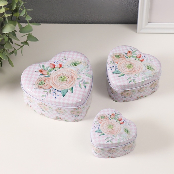 Шкатулка металл сердце  Шкатулка металл сердце "Нежность цветов" набор 3 шт 10,5х12,6х5 см