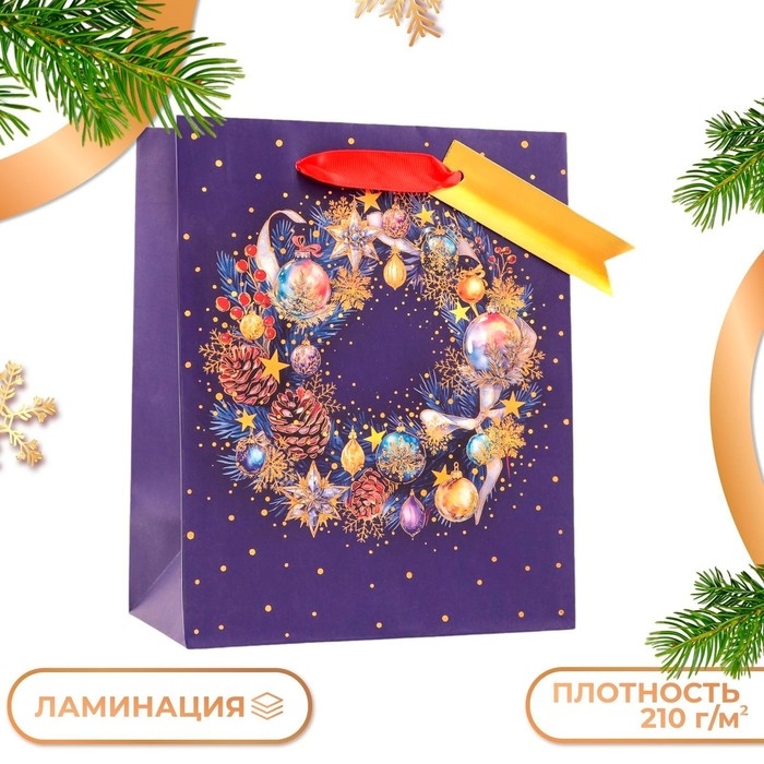 Новый год. Пакет подарочный  Новый год. Пакет подарочный "Праздничный венок", 18 х 22,3 х 10 см.