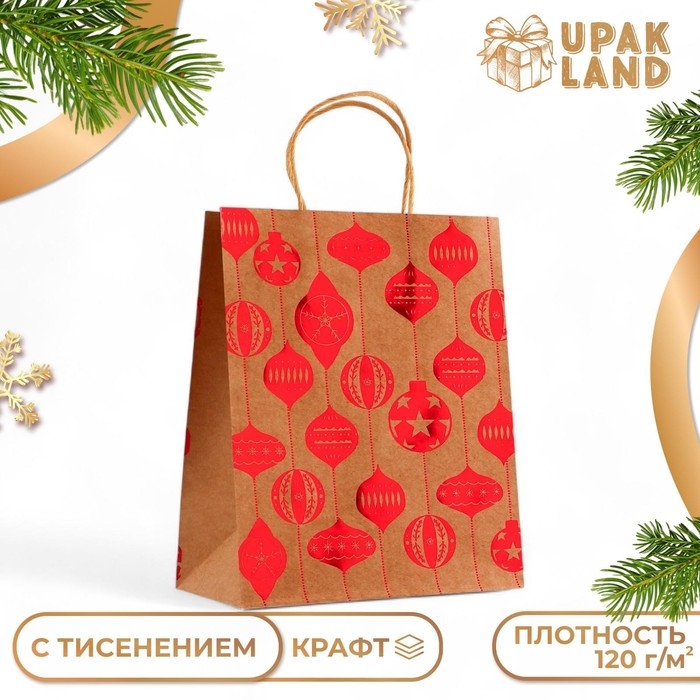 Пакет крафт с тиснением, круглая ручка, Пакет крафт с тиснением, круглая ручка, "Ёлочные игрушки" 33 х 25 х 12 см, 120 г