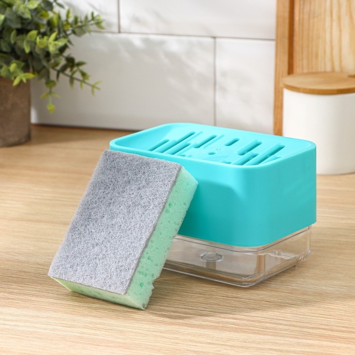 Дозатор для моющего средства с подставкой для губки Raccoon, губка в комплекте, цвет бирюзовый Дозатор для моющего средства с подставкой для губки Raccoon, губка в комплекте, цвет бирюзовый