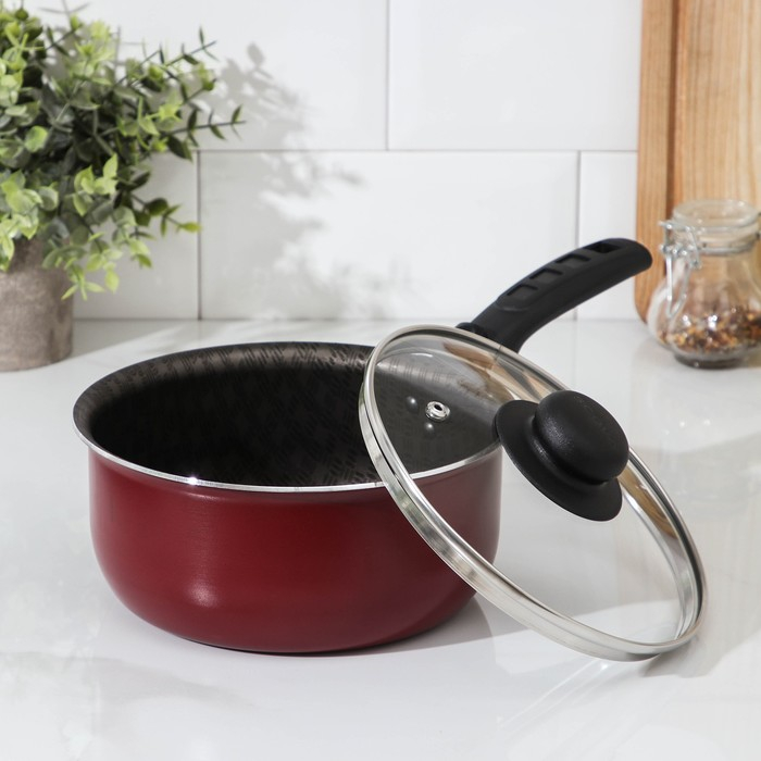 Ковш «Альфа» 1,5 л, стеклянная крышка, пластиковая ручка, антипригарное покрытие, цвет красный Ковш «Альфа» 1,5 л, стеклянная крышка, пластиковая ручка, антипригарное покрытие, цвет красный